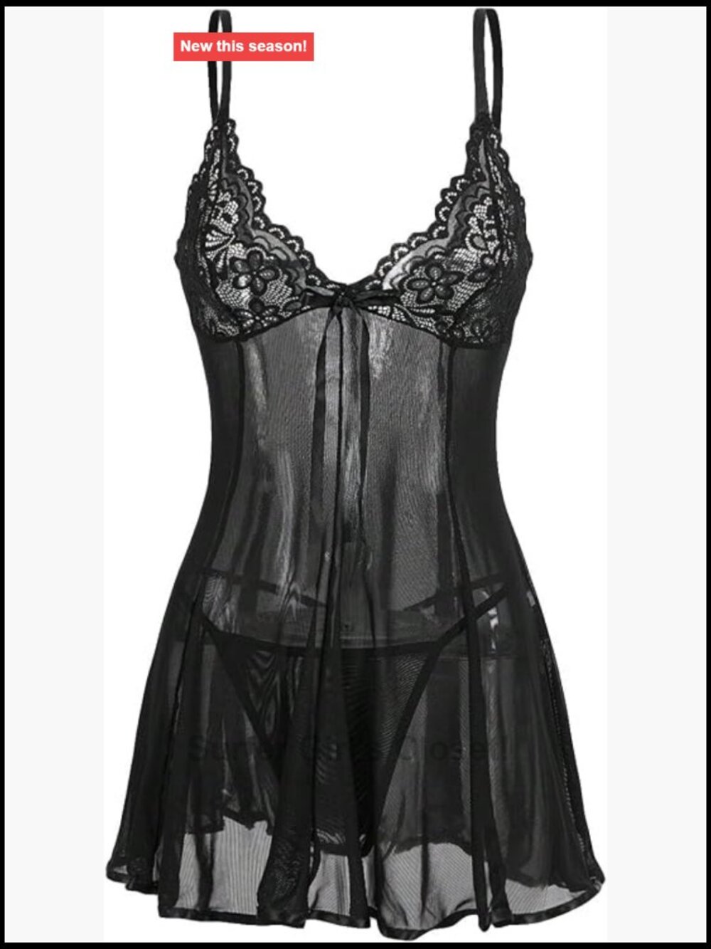 Sheer Mesh Babydoll Lingerie Set with Lace Cups and Thong, Sexy Nightgown